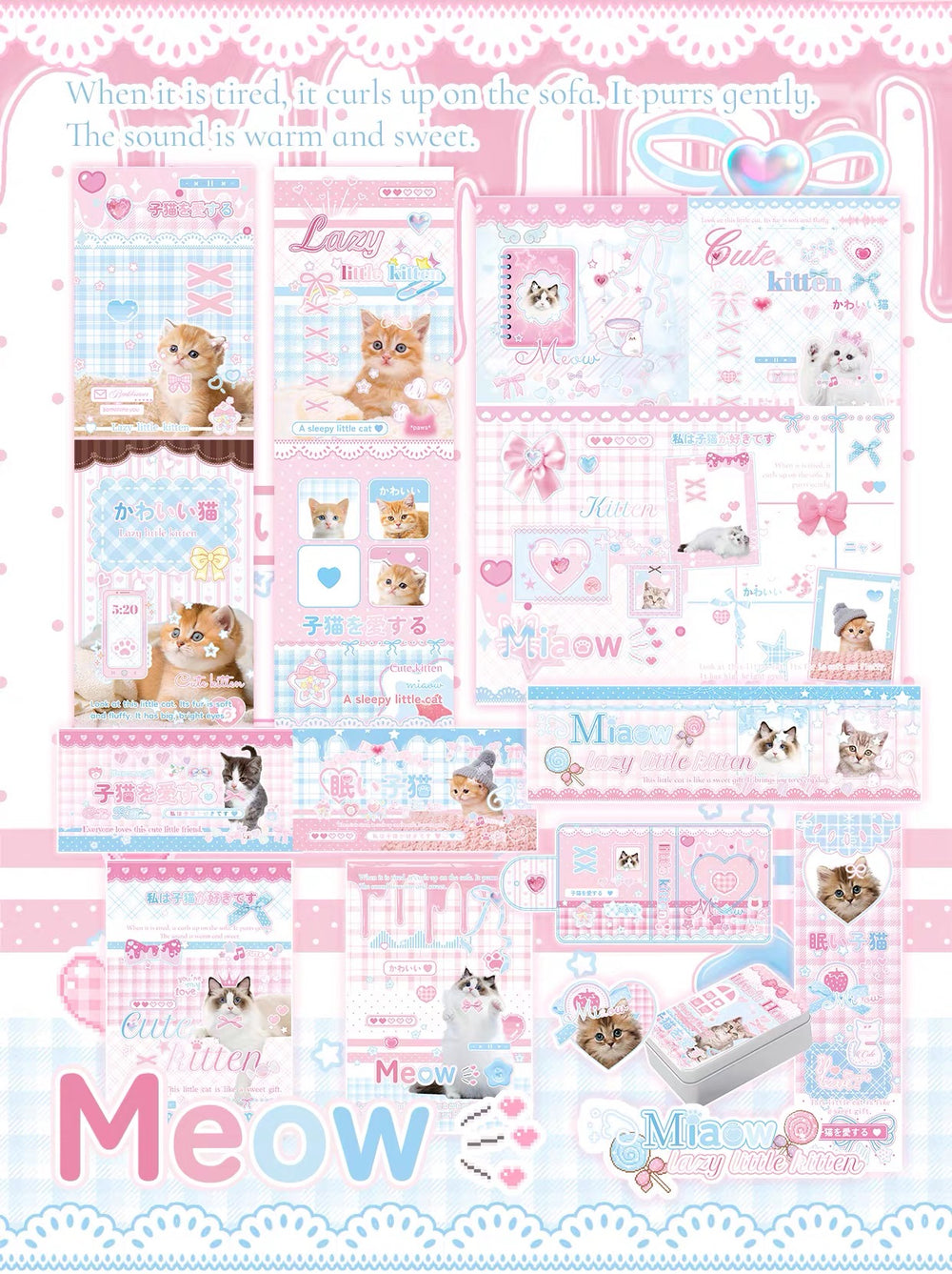pastel kitten (meow) themed packing set